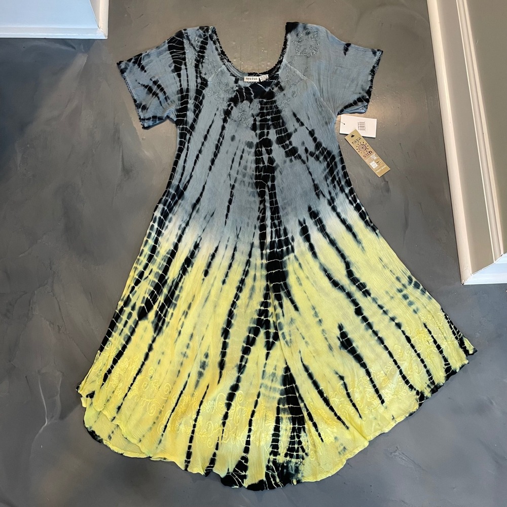 Raya Sun Womens Tie Dye Embroidered Boho Midi Dress Grey Yellow Size L NEW Boho